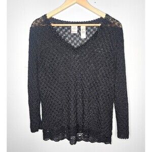 Emma James Black Crochet Knit Top Womens XL V-Neck Whimsy Goth Boho Witchy
